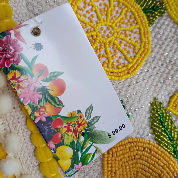 NEW America & Beyond Beaded Lemon Pom Pom Woven Cotton Summer Travel Beach Tote - Picture 9 of 16